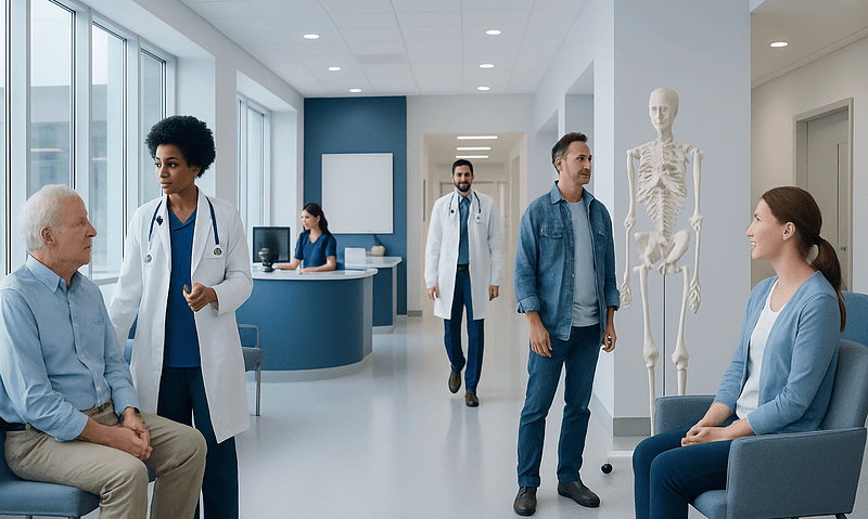 Patients and doctors in a modern hospital waiting area.