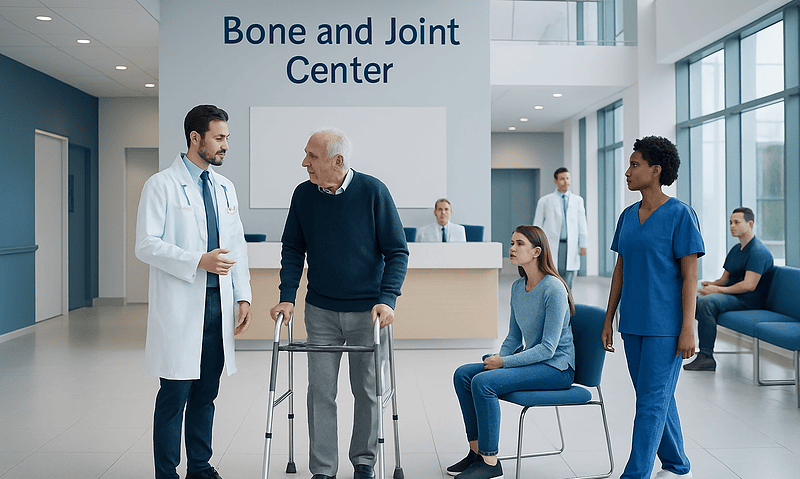 How to Choose the Right Bone and Joint Center 14 Medical staff assisting elderly patient at Bone and Joint Center reception.