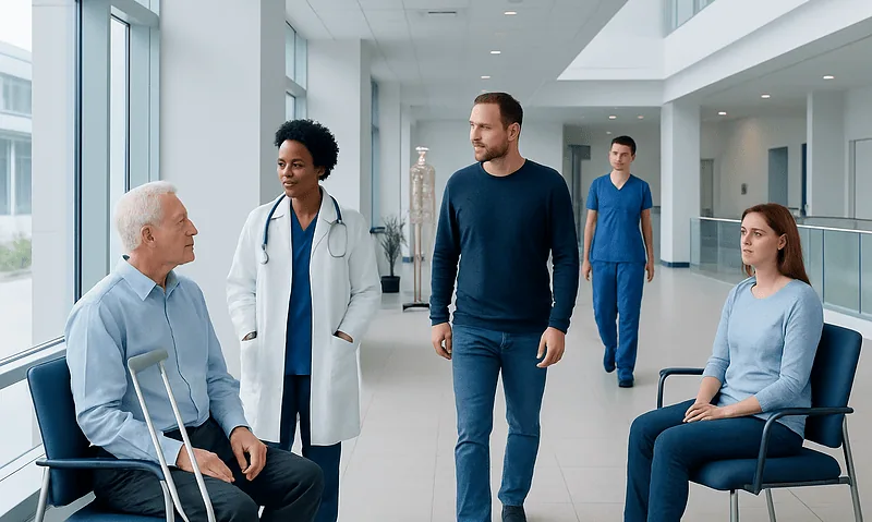 How to Choose a Bone and Joint Center for Orthopedic Care 9 Medical team consulting with elderly patient in hospital corridor.