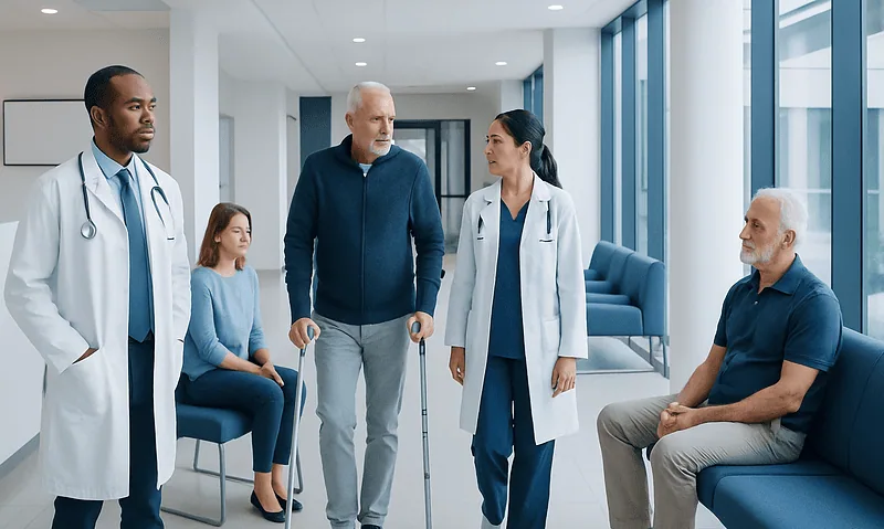 Bone and Joint Center: What Services Should Patients Expect? 4 Medical team consulting with elderly patient in hospital corridor.