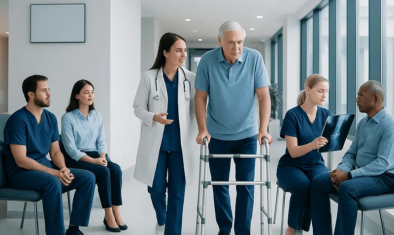 How to Choose a Bone and Joint Center for Surgery or Rehabilitation 1 Elderly man with walker consulting healthcare professionals in hospital corridor.