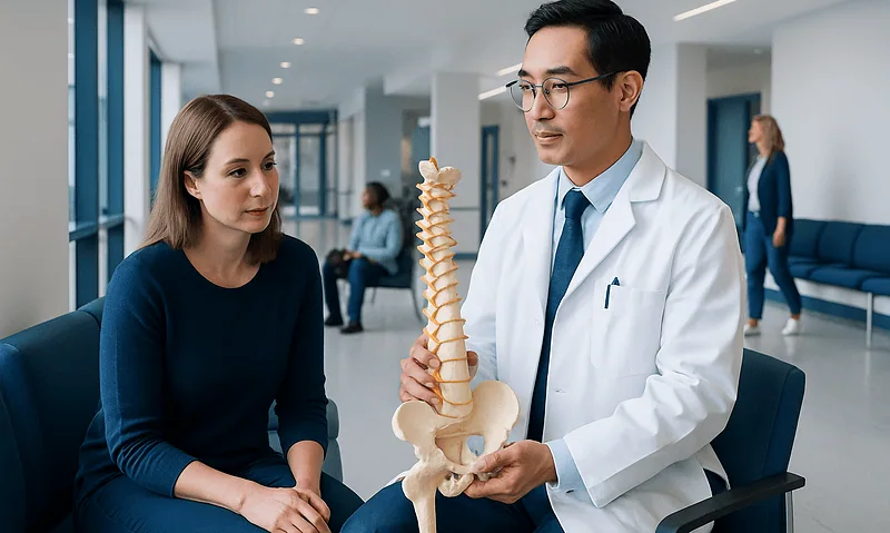 How to Choose the Right Bone and Joint Specialist for Your Problem 2 Doctor explaining spine anatomy to a patient in a hospital setting.