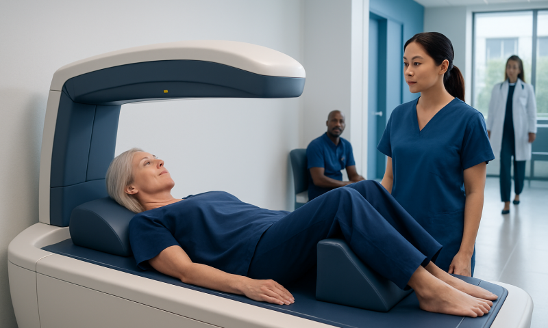 Bone Densitometry (DEXA) Scan: What It Measures and Who Should Get One 15 Elderly woman undergoing a bone density scan at Acibadem Hospital.