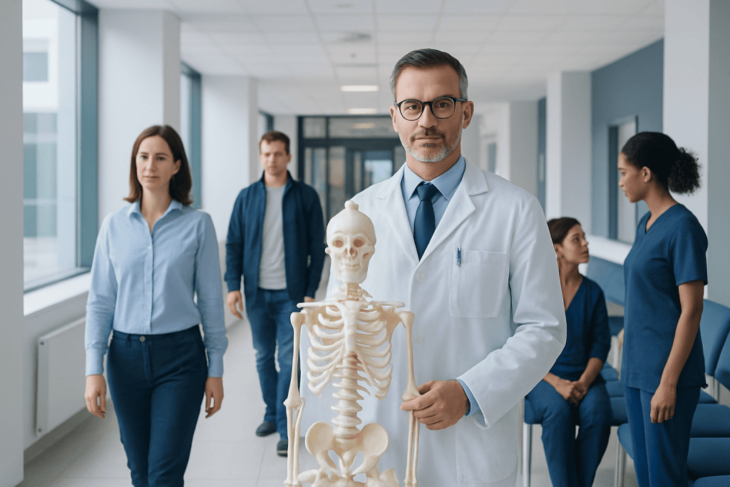 Bone Doctor: Which Symptoms Should Prompt an Orthopedic Evaluation? 1 Orthopedic doctor holding a skeleton model in a hospital corridor.