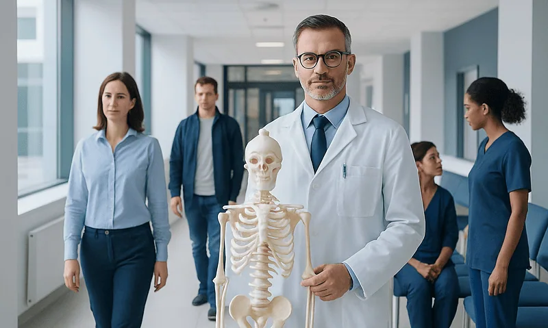 Orthopedic doctor holding a skeleton model in a hospital corridor.