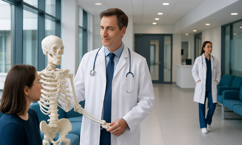 Doctor explaining bone health to a patient with a skeleton model in a hospital corridor.