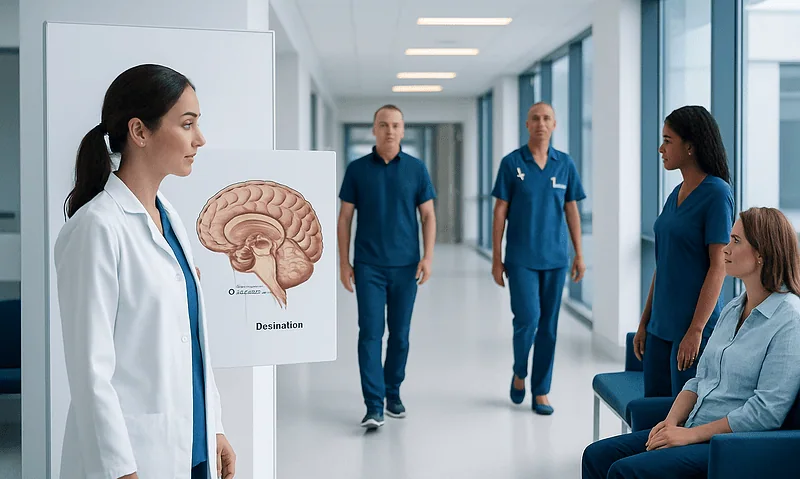 Brain Anatomy Diagram: How to Read Labeled Brain Structures 3 Medical team in hospital corridor with brain diagram for patient education.