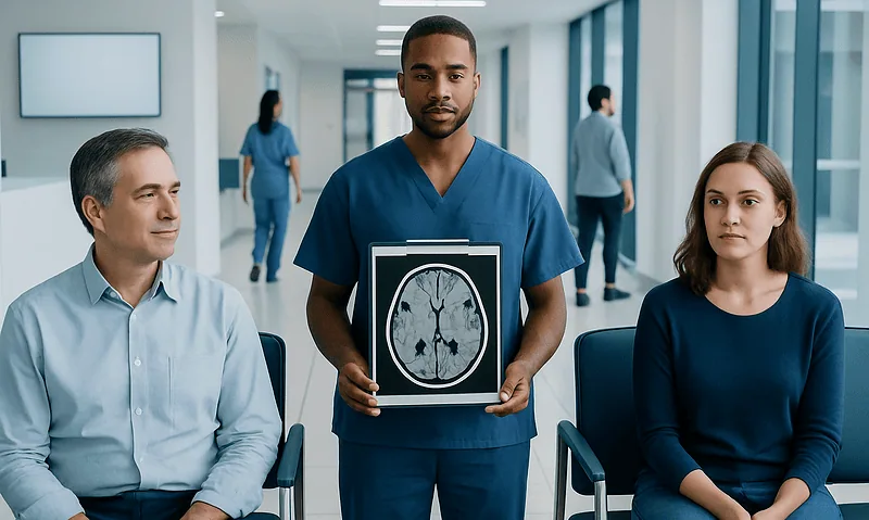 Medical professional holding a brain MRI scan in a hospital setting.