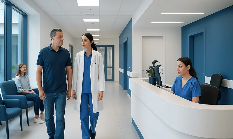 Patients and staff at Acibadem Hospital reception area in Turkey.
