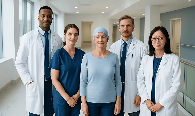 Cancer Care Explained: Who Is on Your Team and What Each Specialist Does 15 Multidisciplinary medical team in hospital corridor for cancer care.