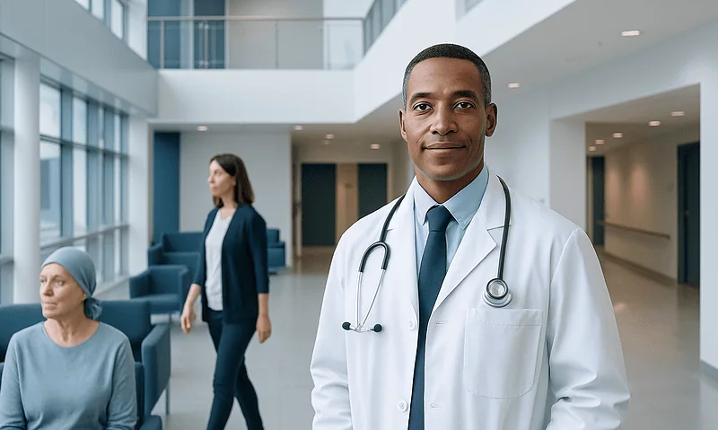 Healthcare professional in a hospital lobby with patients and staff.