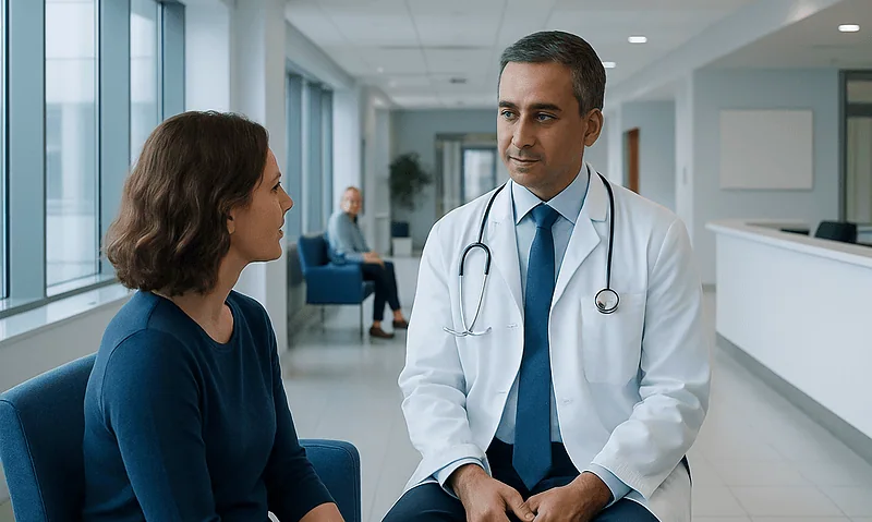 Doctor consulting with a patient in a modern hospital setting.