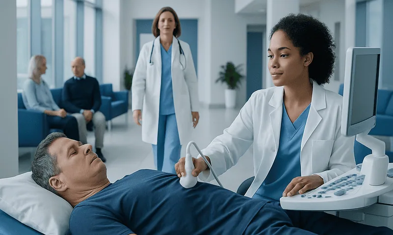 Medical professional performs echocardiogram on patient in hospital.