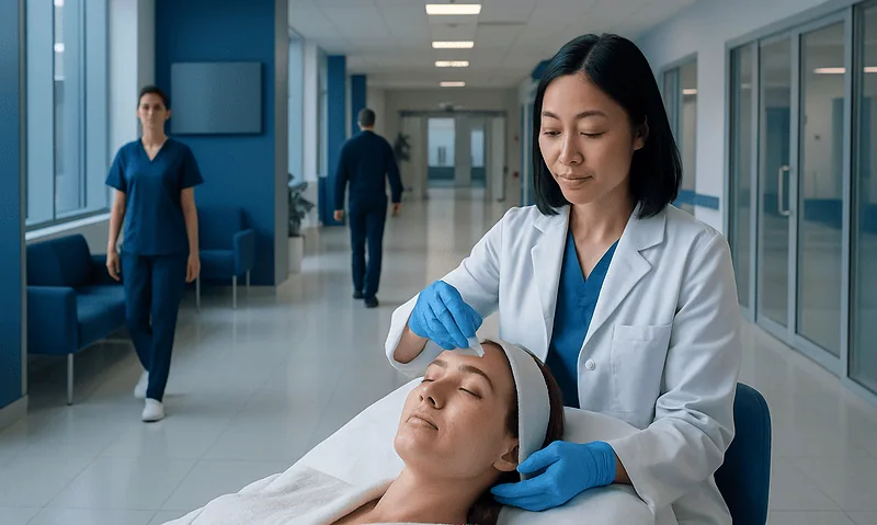 Skilled dermatologist performing a facial treatment in a modern clinic.