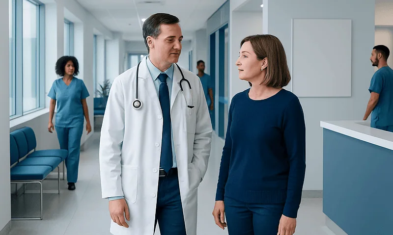 Doctor talking to a patient in a hospital corridor with medical staff in the background.