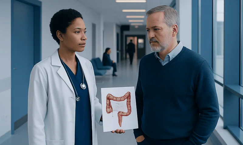 Colon Cancer Diagnosis: What Happens After Symptoms or a Positive Test 14 Doctor explaining colon diagram to patient in hospital corridor.