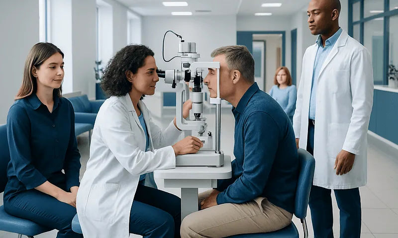 Optometrist performs eye exam on patient at clinic.