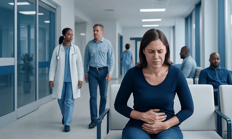 Woman experiencing abdominal pain in hospital corridor.