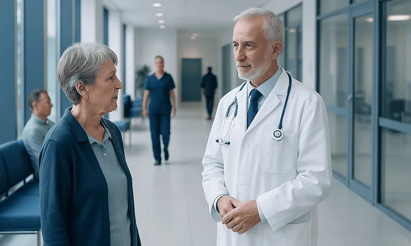 Doctor talking to an elderly woman in a hospital corridor.