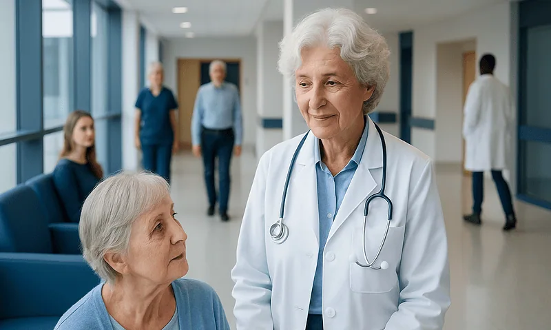 Doctor consulting elderly patient in hospital corridor.