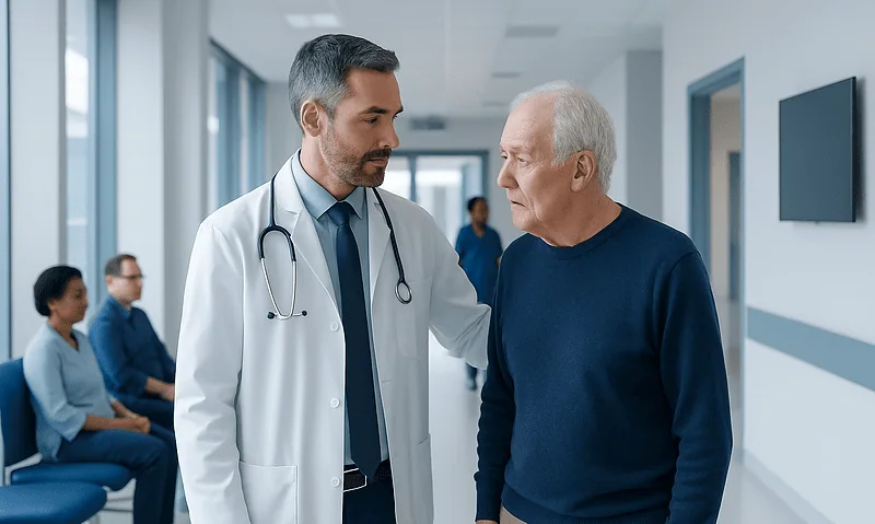 Doctor consulting elderly patient in hospital corridor.