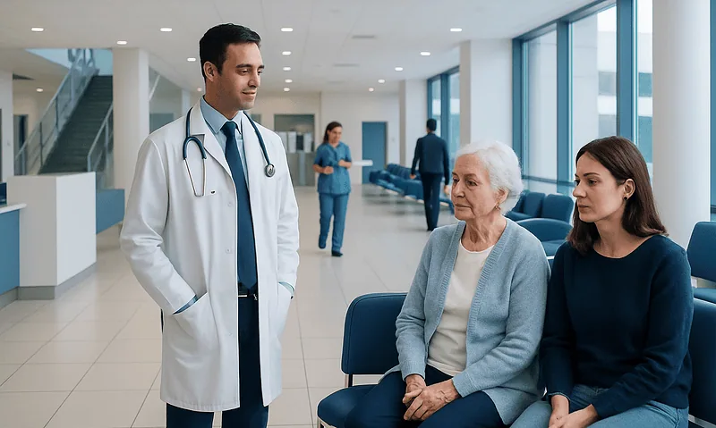 Doctor consulting elderly patient in hospital corridor.