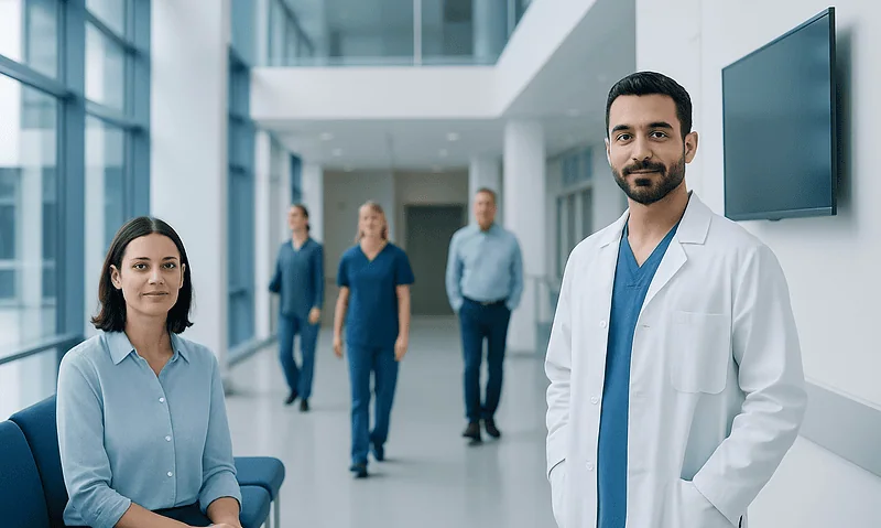 Dental professionals and staff in a modern hospital corridor.