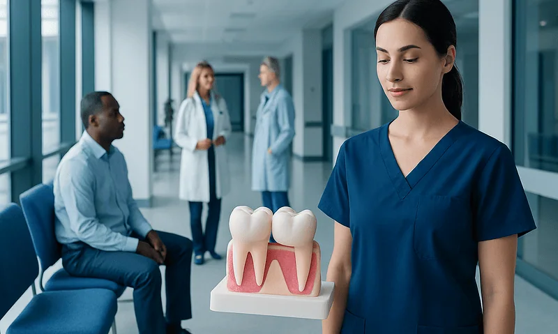 Dental professional holding a model of a tooth with dental bridge in a hospital corridor.