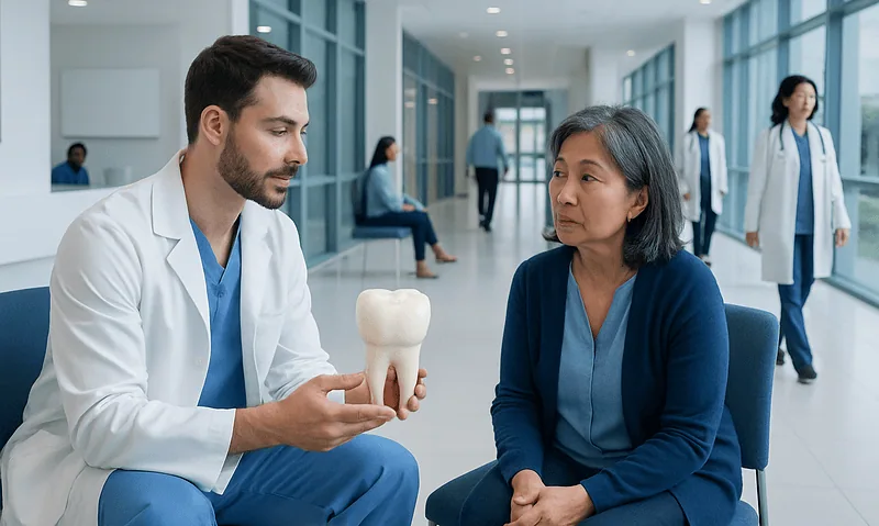 Dentist explaining dental crown to patient in hospital corridor.