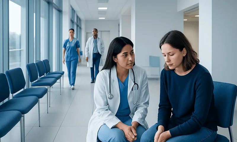 Doctor talking to a patient in a hospital corridor with medical staff in background.
