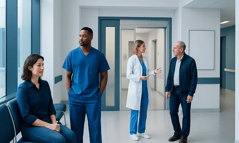 Medical team discussing patient care in hospital corridor.