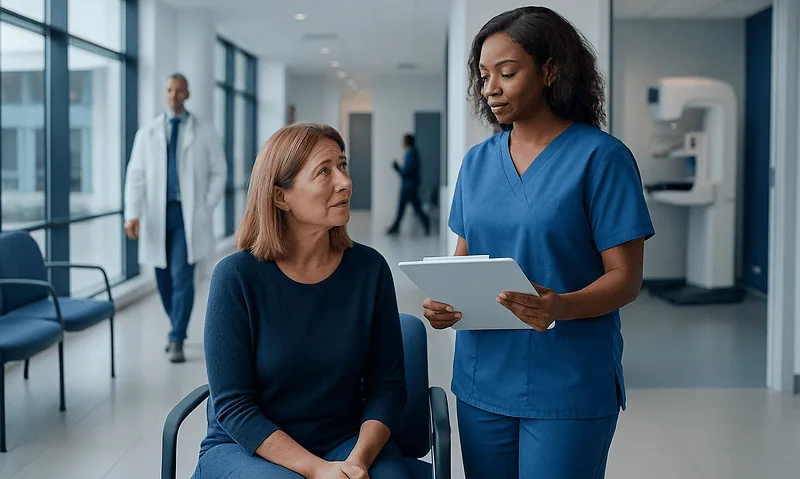 Patient consulting with a healthcare professional in a hospital corridor.
