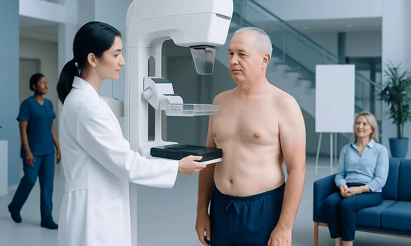 Male patient undergoing diagnostic mammogram at a hospital.
