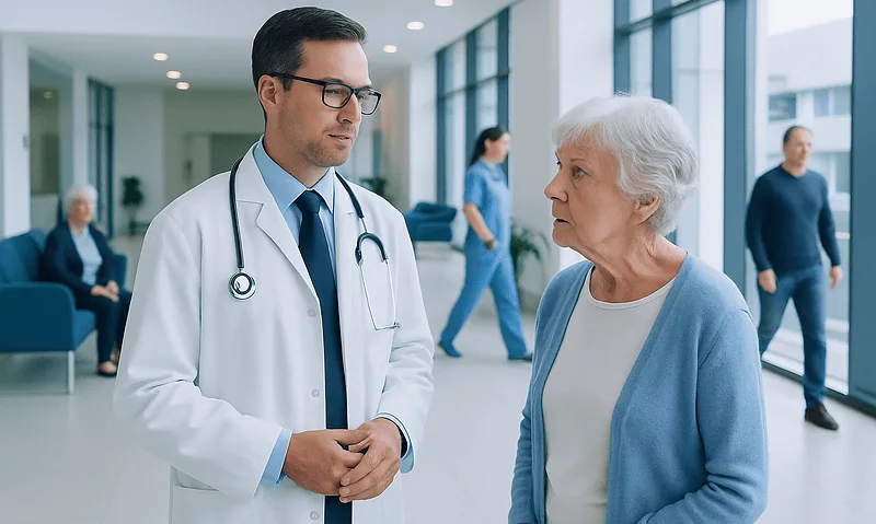 Doctor consulting an elderly woman in a hospital corridor.