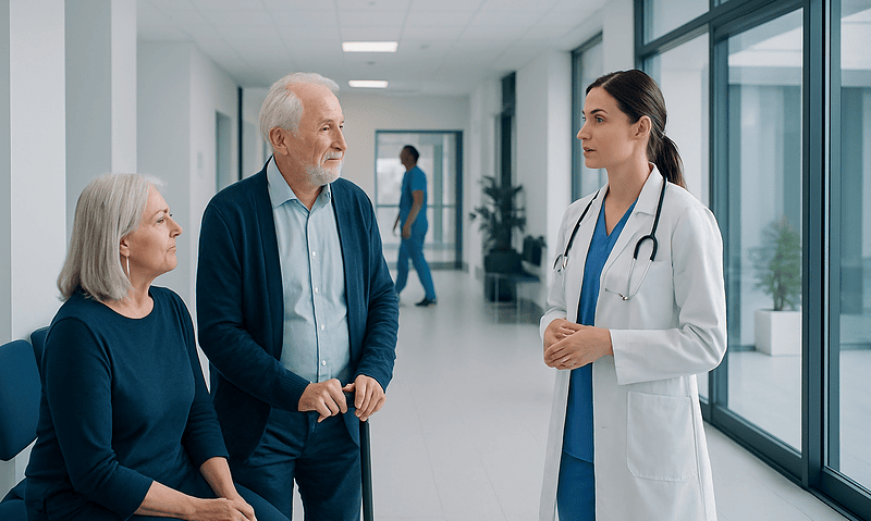Doctor consulting elderly patients in hospital corridor.