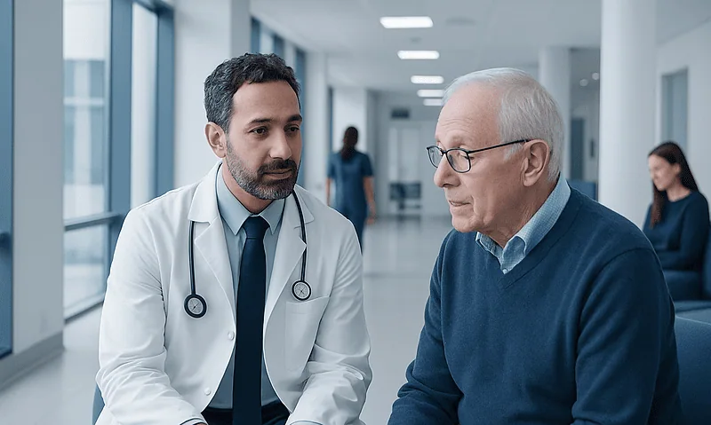 Doctor consulting elderly patient in hospital corridor.