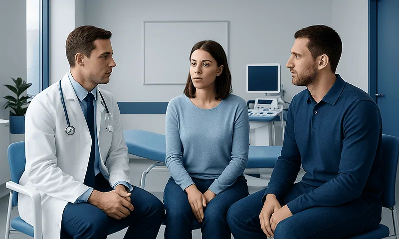 Doctor consulting with a woman and a man in a medical office.