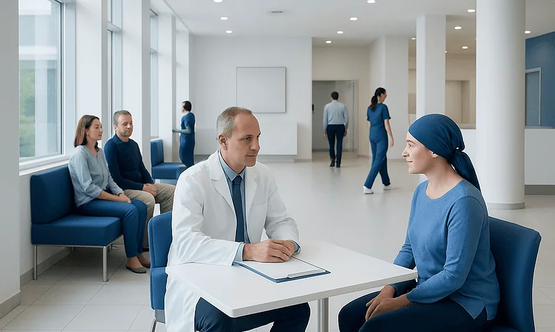 Doctor consulting with a female patient in a hospital waiting area.