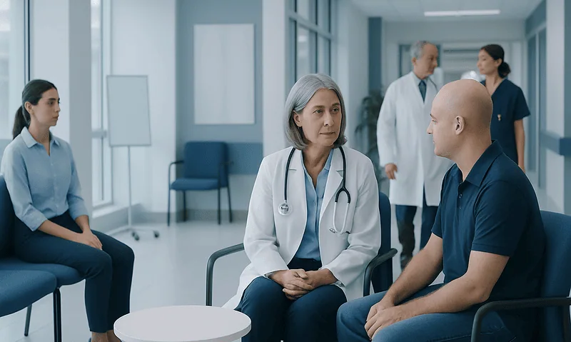 Doctor consulting with a patient in a hospital corridor.