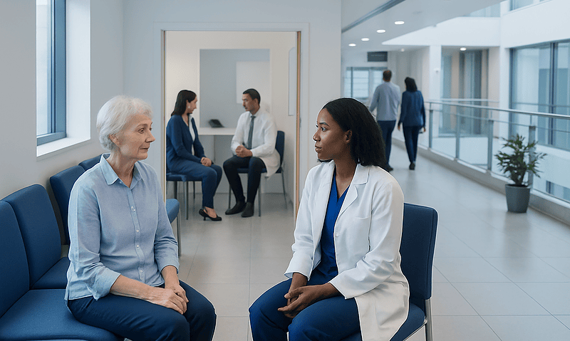 Your First Oncology Appointment: Step-by-Step Guide for New Patients 1 Doctor consulting elderly patient in hospital corridor.