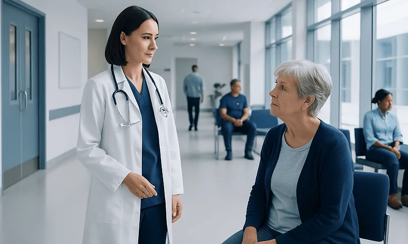 Doctor consulting with an elderly patient in a hospital corridor.
