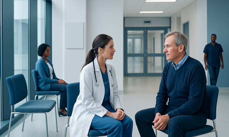 Doctor consulting with patient in hospital corridor for healthcare services.