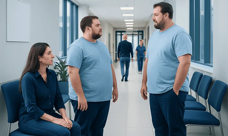 Patients and doctor discussing in hospital corridor for gastric sleeve surgery.