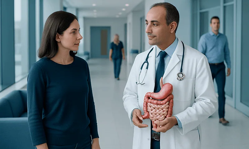 Gastroenterologist explaining digestive health to a patient in hospital corridor.