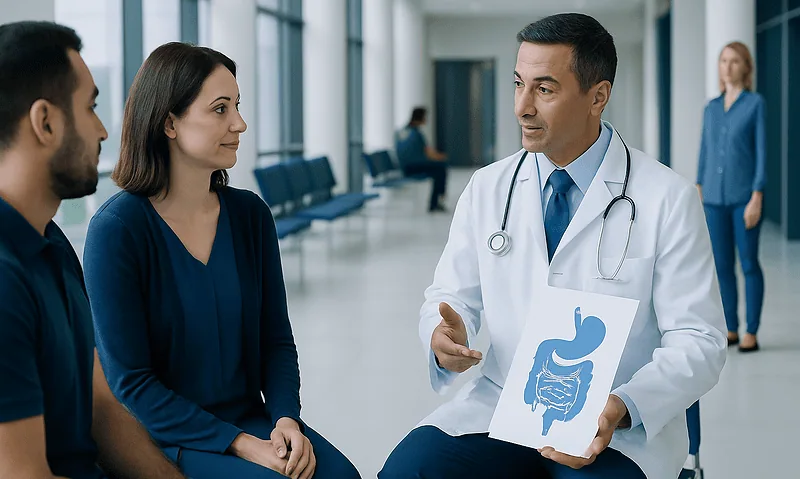 Gastroenterologist explaining digestive health to patients in hospital corridor.