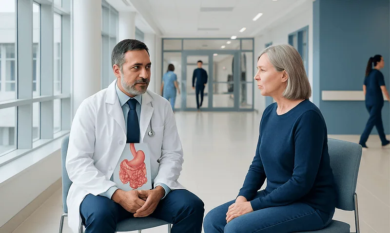 Gastroenterologist consulting with an elderly woman in a hospital corridor.
