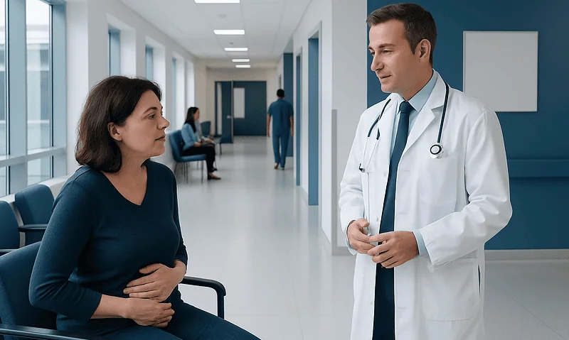Doctor consulting with a patient in a hospital corridor.