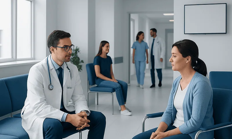 Doctor consulting with a patient in a hospital corridor.
