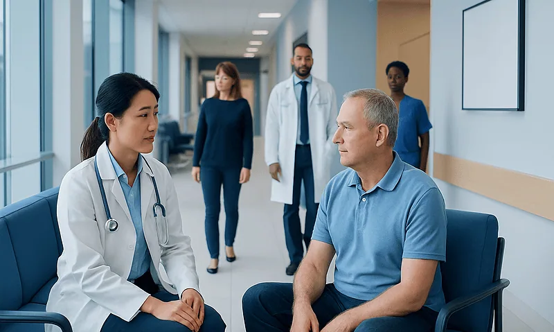 Doctor consulting with male patient in hospital corridor.
