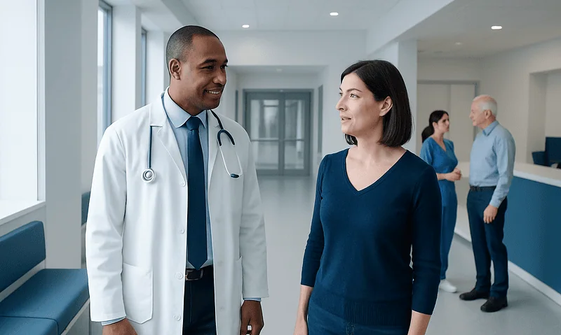 Doctor and patient having a friendly conversation in hospital corridor.